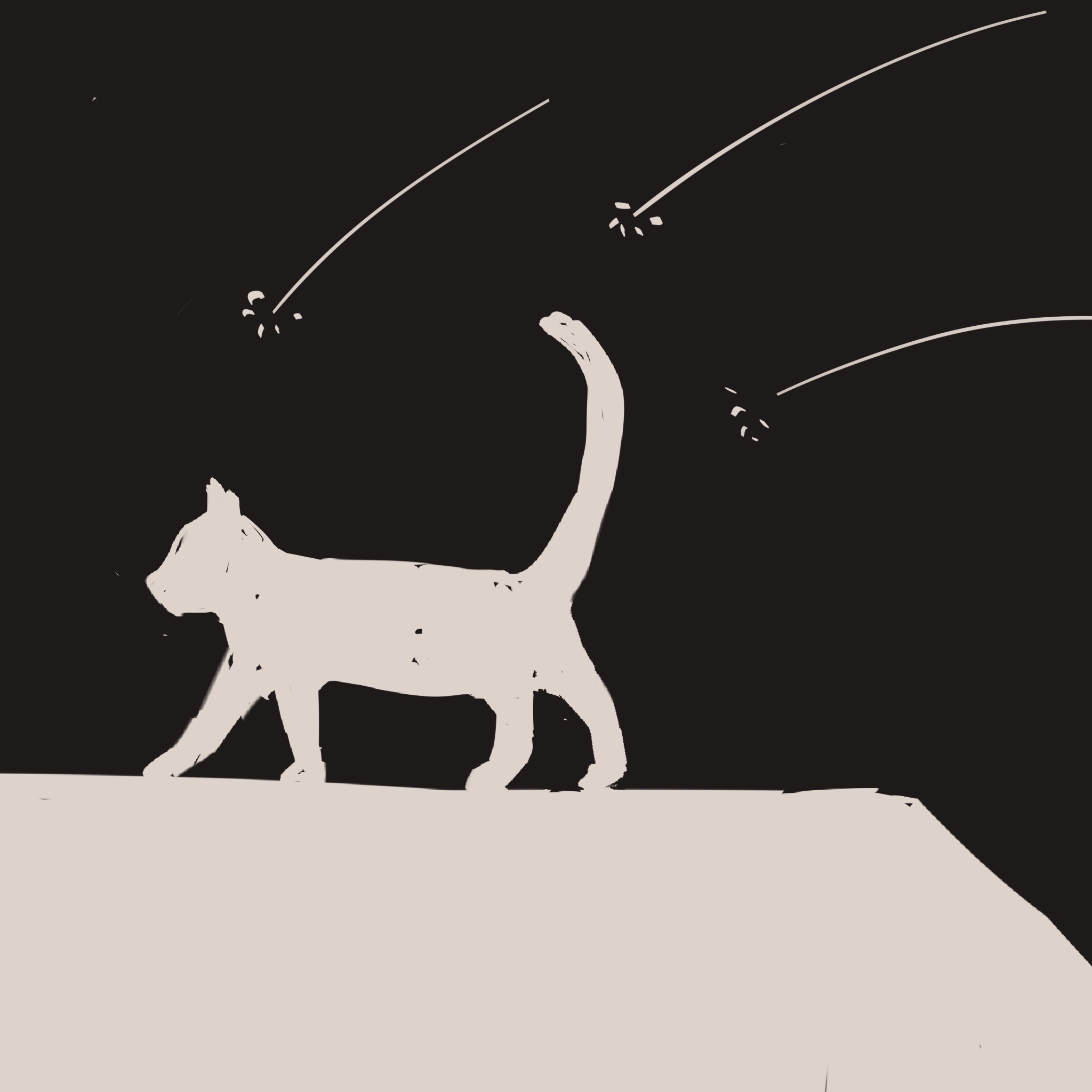 我画了一只猫在星空下漫步的猫，身后是长长的流星。
       这叫‘追着猫尾巴的流星’。