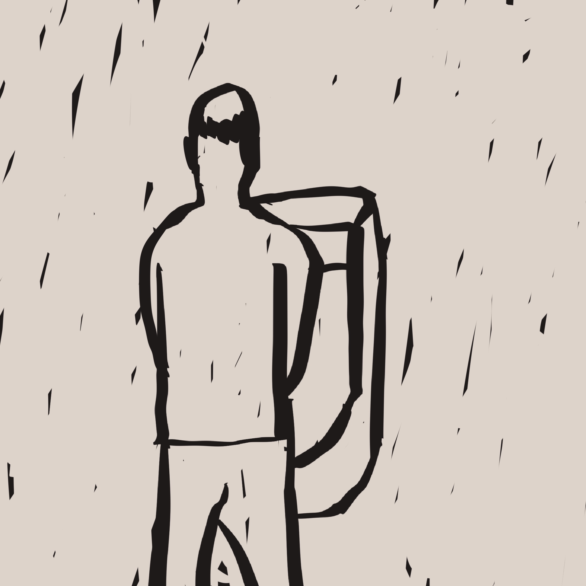 画了一个站在小便池前沉默的谢顶中年男人的背影。
       他在等尿出来的那一秒，但是迟迟未下。
       这就是‘雨前的第三秒’——属于他的荣光早已逝去。
       你说这是砸在文化睾丸上的一记闷棍。