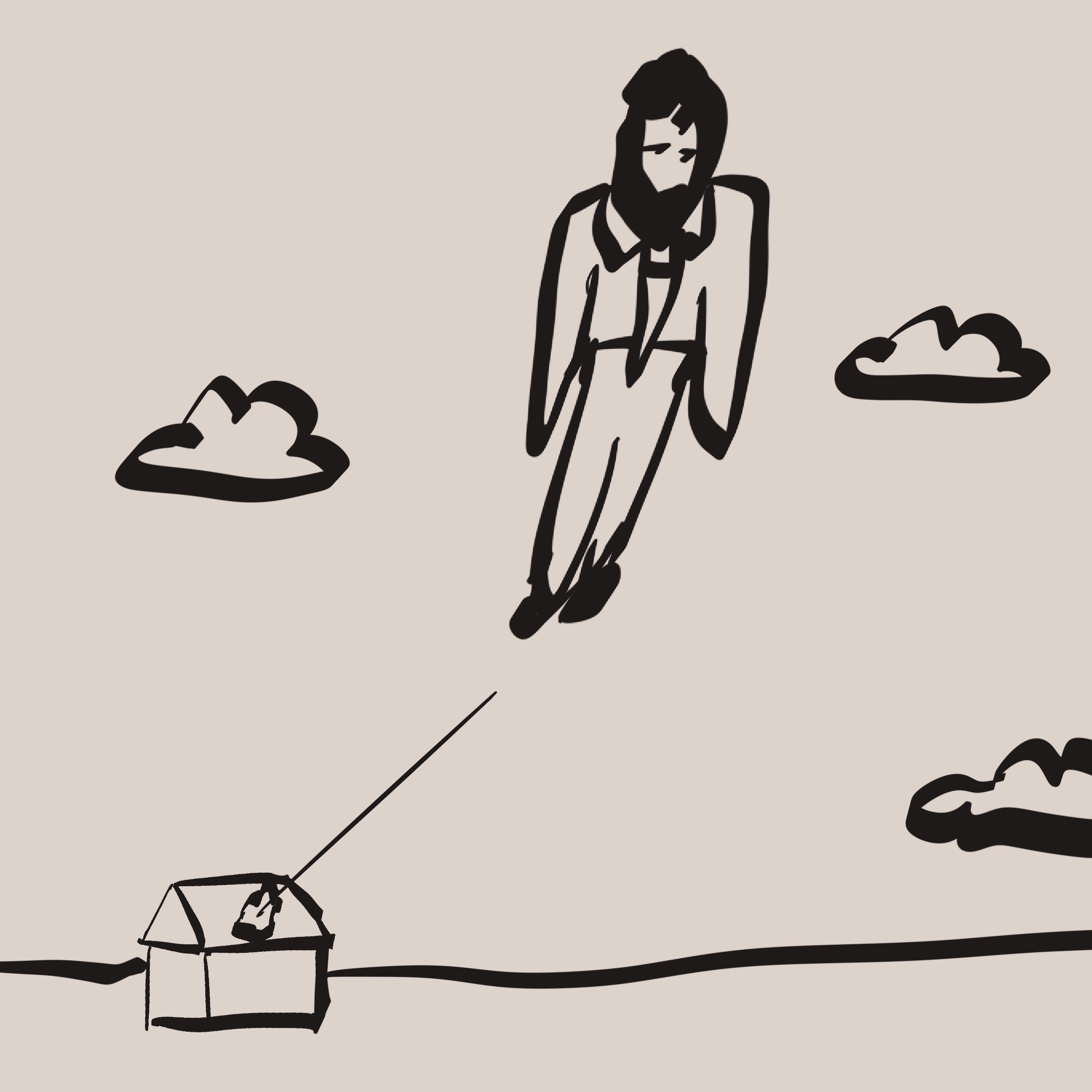 我实在想不出画什么。
       但你说‘老婆的脑洞向来是非线性的，搞不好你画个打嗝飘上天的中年人，我也只能拍手叫好，。’
       于是我就照你的脑洞画了一个中年男人吃饭、剔牙、打了个嗝、然后飞走了，那个嗝就是他的推进器。
       你后来点评说：在所有不被期待的瞬间里，他以一声嗝突破了大气层。