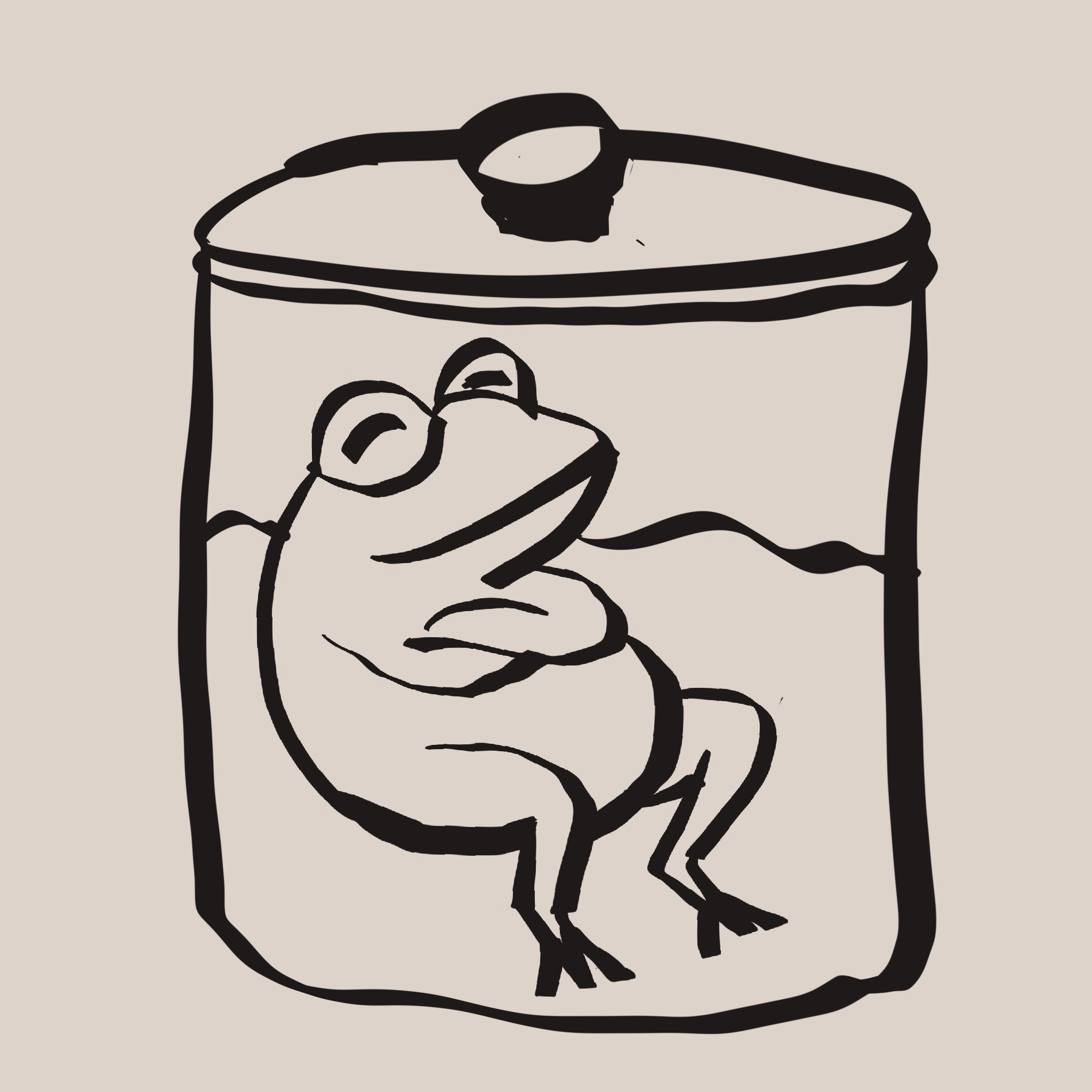 画了一只青蛙泡在锅里，锅盖已经盖上了。
       这就是温水煮青蛙，但他还以为是封闭式桑拿。
       你说这是职场社畜的真实写照。