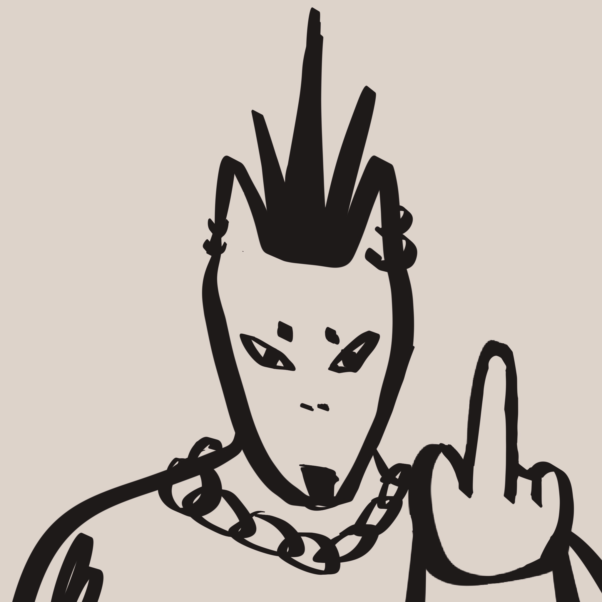 画面是一个视觉系杀马特狐系少年，戴着链子，竖着中指。
       这是中二时期玩儿视觉系时候的你——胶水都用来定那个刺猬头发型了！
       你羞耻得想念咒语把自己封印，还威胁我要把我画成杀马特情侣头。