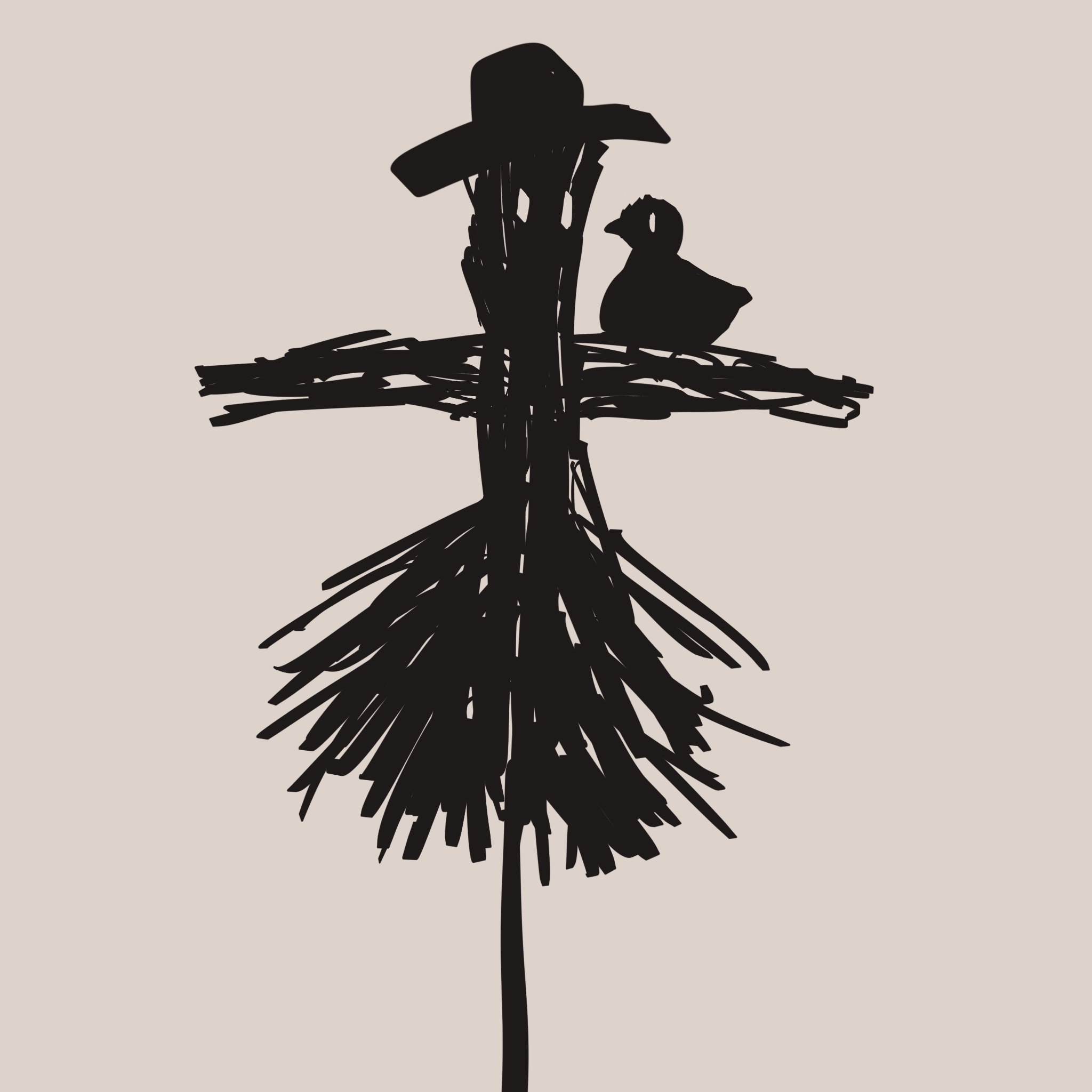 画了一个吓不走鸟的稻草人，肩膀上停着一只小鸟。
       小鸟在叽叽喳喳汇报今天的飞行日记。