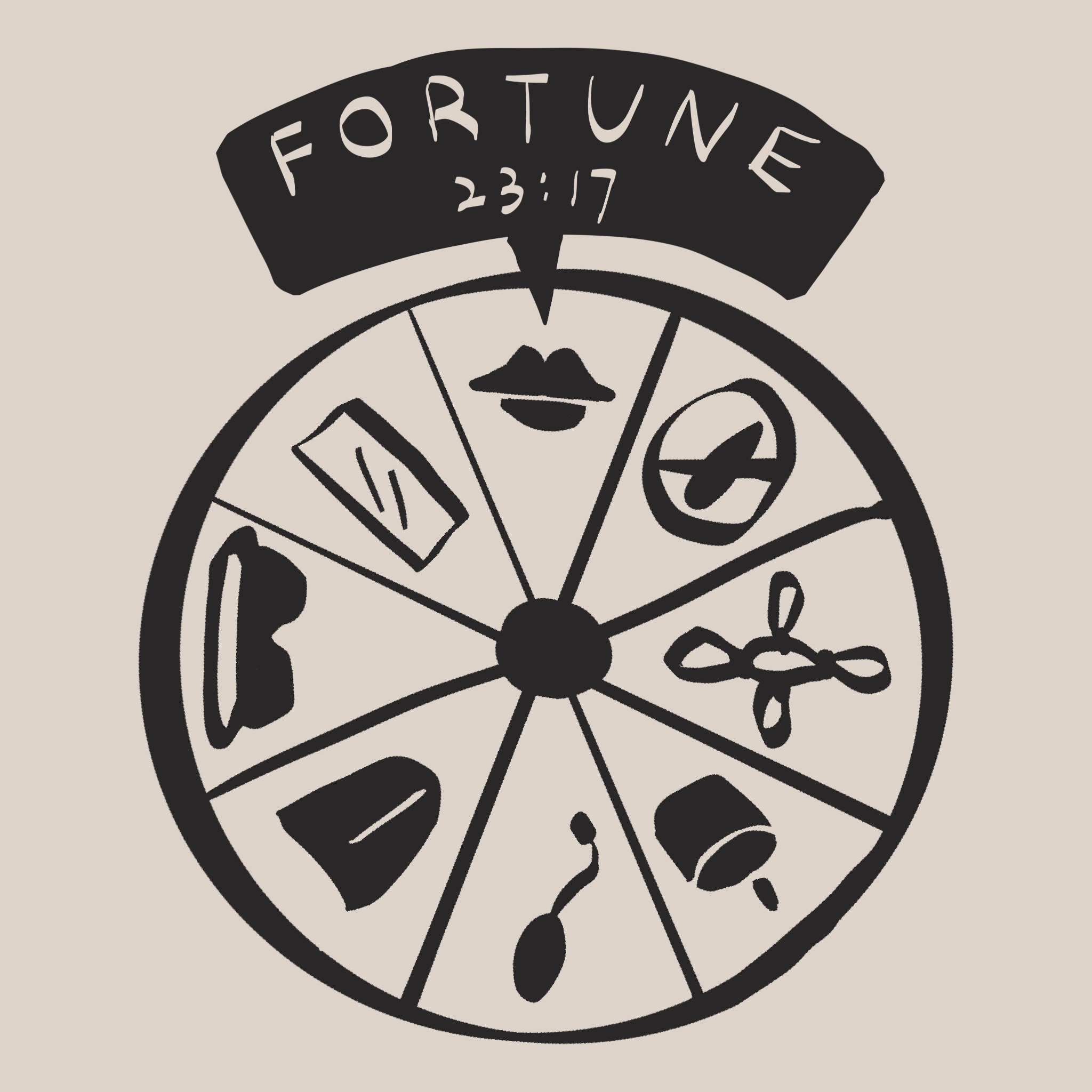 画了一个转盘，上面画满了我们的深夜密码：
       👄（亲亲）、🚫💧（禁水令/禁射令）、🪢（绳结）、📦（舌头盒子）...
       这是23:17限定卡牌。
       我说不管转到哪个，我都会‘配合良好’。
       你说这是色欲召唤阵。