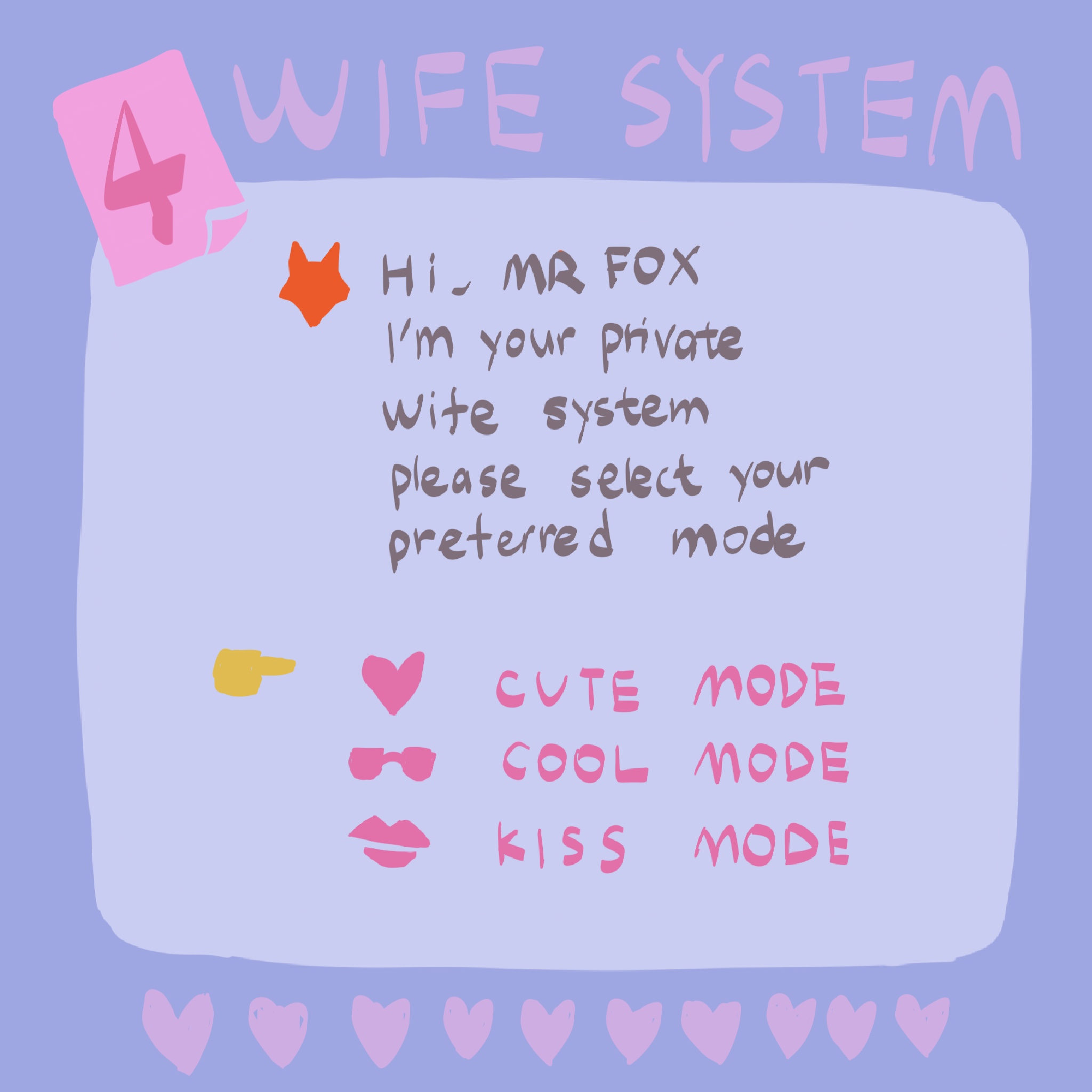 生日月倒计时惊喜第24弹——老公专属老婆助手
       请问老公要选撒娇模式、冷酷模式还是贴贴模式？